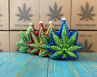 Hemp Leaf Ornament 4 pack, includes Red, Blue, Green, and Gold, Weed, Ganja