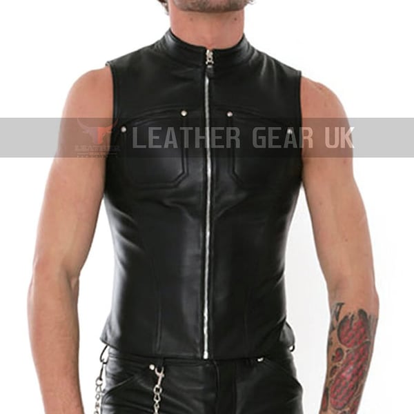 Mens Real Leather Vest Band Collar Handmade Vest Real Cow Leather Motorbike Vest Steampunk Vest