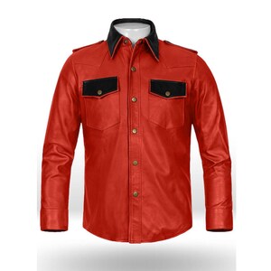 Handmade Red Leather Shirt Men Genuine Sheep Leather Shirt Mens Red Police Uniform Shirt Customized Red Leather T- Shirt For Mens