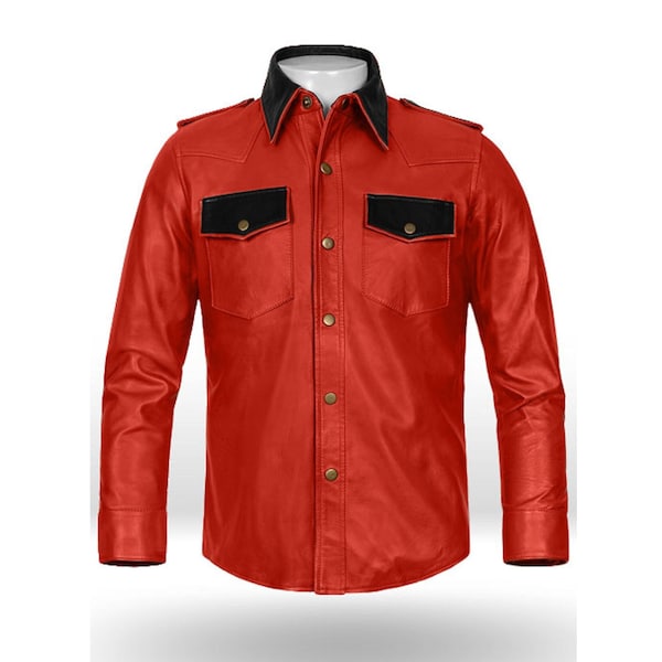 Chemise en cuir rouge faite à la main hommes chemise en cuir de mouton véritable chemise uniforme de Police rouge pour hommes T-Shirt en cuir rouge personnalisé pour hommes