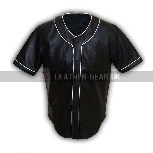 Chemise de baseball en cuir Chemise de sport en cuir pour hommes Fait à la main en cuir véritable Demi-manches Chemise en peau de mouton Chemise coupe régulière Chemise de sport