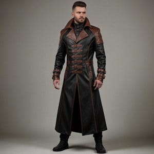 Black & Brown Leather Trench Coat for Men | Handmade Vampire Gothic Overcoat | Halloween Cosplay Coat | Medieval Dark Fantasy LARP Cloak.