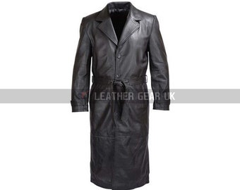black leather overcoat