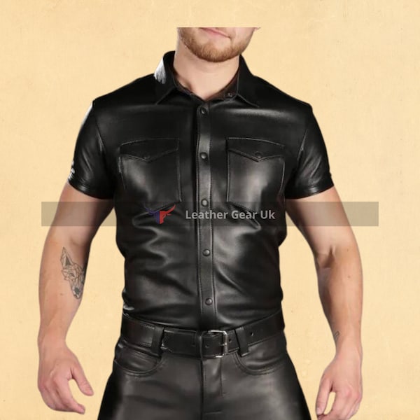 Chemise de police en cuir pour hommes faite à la main Chemise décontractée noire en peau de mouton véritable Chemise noire punk steampunk pour chemise gothique pour hommes
