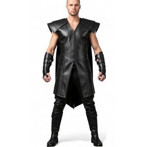 Black Leather Warrior Vest with Shoulder Armor – Medieval Cosplay Armor – Handmade LARP Costume – Mortal Combat Suit – Leather Knight Armor