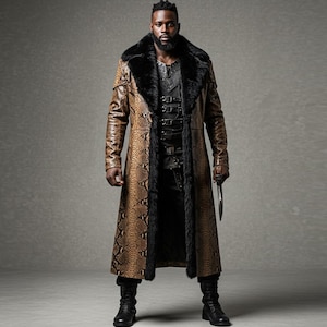 Shadow Serpent Warlord Coat Men’s Snake Print Leather Trench Coat | Viking Warrior Long Coat with Fur Collar | Gothic Fantasy Cosplay Coat