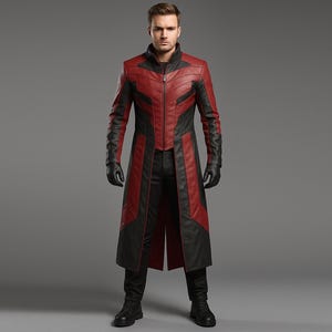 Superhero Red & Black Leather Trench Coat | Cosplay Jacket for Men | Gothic Steampunk Long Coat | Halloween Costume | Custom Leatherwear