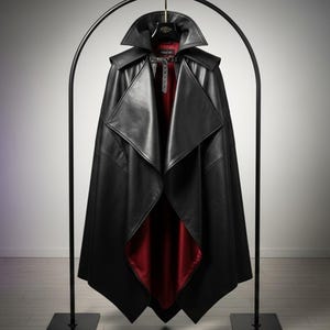 Black Leather Vampire Cloak with Red Satin Lining – Gothic Hooded Cape for Cosplay, LARP, Ren Faire, Halloween Cloak, Black Wizard Cloak