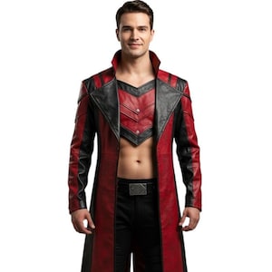 Men&#39;s Red Black Leather Trench Coat Cosplay, Superhero Villain Jacket, Steampunk Long Coat, Gothic Fantasy Costume, Handmade Custom Fit