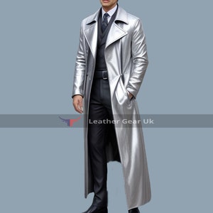 Trench-coat en cuir argenté fait main pour homme - Manteau long gothique en cuir véritable - Manteau long d'hiver en cuir argenté - Cadeau pour lui
