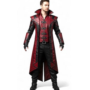 Red Black Vampire Leather Coat | Men’s Gothic Trench Cosplay Jacket, Warrior Armor Costume, LARP Steampunk Long Coat, Medieval Armor Costume
