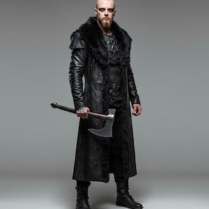 Warlord Coat Men’s Black Snake Leather Viking Trench Coat | Gothic Warrior Cosplay Overcoat with Fur Collar | Handmade Fantasy LARP Costume