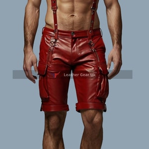 Genuine Leather Men Short - Handmade Men Leather Cargo Short - Soft Leather Red Biker Short - Stylish Men Red Cargo Short - Gift For Him