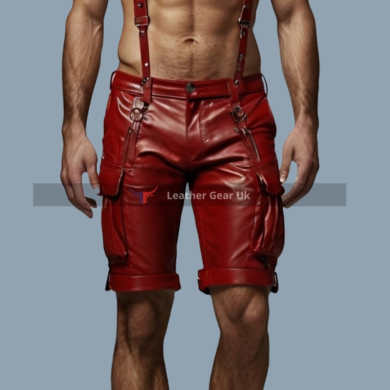Custom Made Lace Up Style Red Leather Shorts for Men
