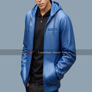 Blouson motard pour homme en cuir véritable - Blouson à capuche en cuir bleu fait main pour homme - Blouson en cuir souple - Cadeau pour lui