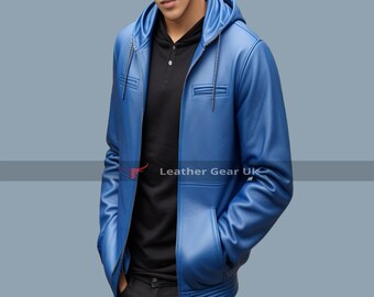 取り外し可能なフード付きダークブルーレザージャケット。オール