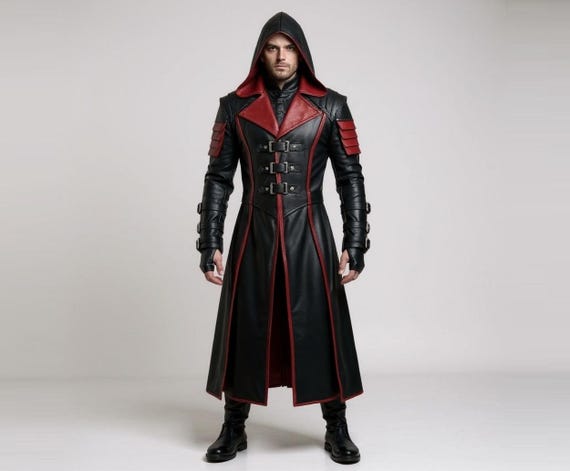 Gothic Red Trench Coat Men Men's Leather Duster Red Genuine Trench