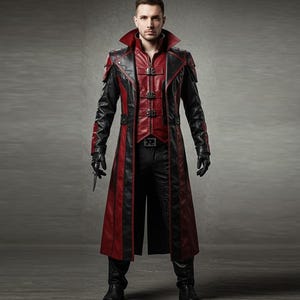 Blood Revenant Warlord Coat Men’s Red and Black Leather Trench Coat | Gothic Assassin Cosplay Jacket | Handmade Fantasy Vampire Overcoat