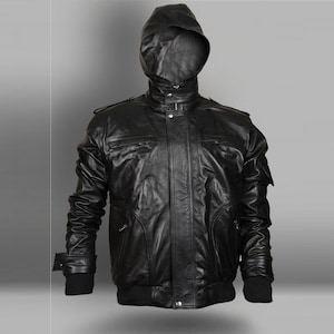 Veste motard à capuche noire en cuir véritable pour homme, veste ample en cuir souple véritable, veste moto pour homme, cadeau pour papa