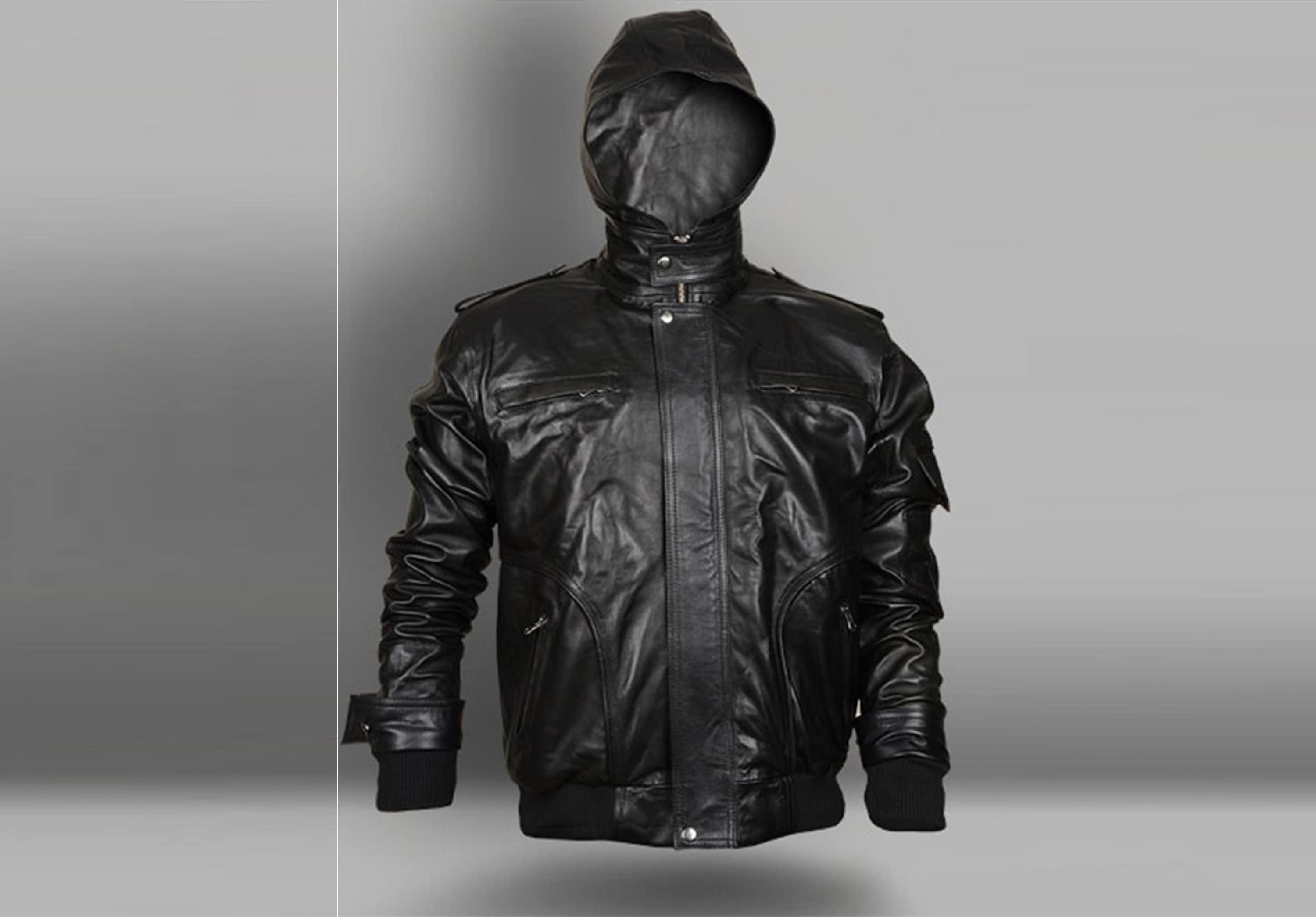 Mens leather top look hooded jacket
