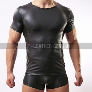 T-shirt bodybuilder en cuir noir Chemise de sport en cuir de vache véritable T-shirt décontracté en cuir fait main noir