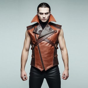 Brown Leather Viking Vest with Back Lacing & High Collar – Gothic Steampunk Fantasy Armor Vest for Men | Medieval Vest, Renaissance Costume