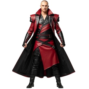 Genuine Leather Warrior Trench Coat Set – Gothic Cosplay Armor, LARP Vest, Red Black Hooded Cloak, Men’s Fantasy Costume, Leather Long Coat