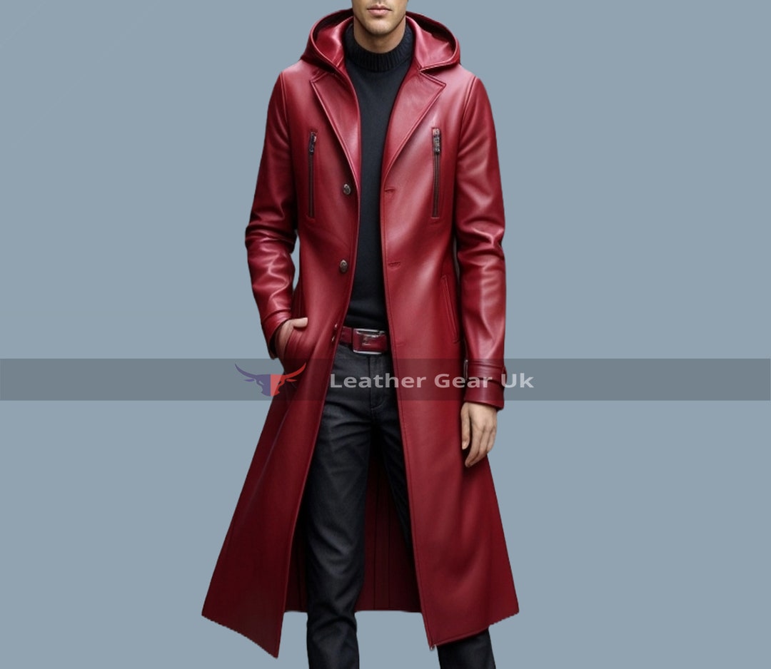 Echtes Leder Herren Trenchcoat-Handmade Leder Rote Kapuze