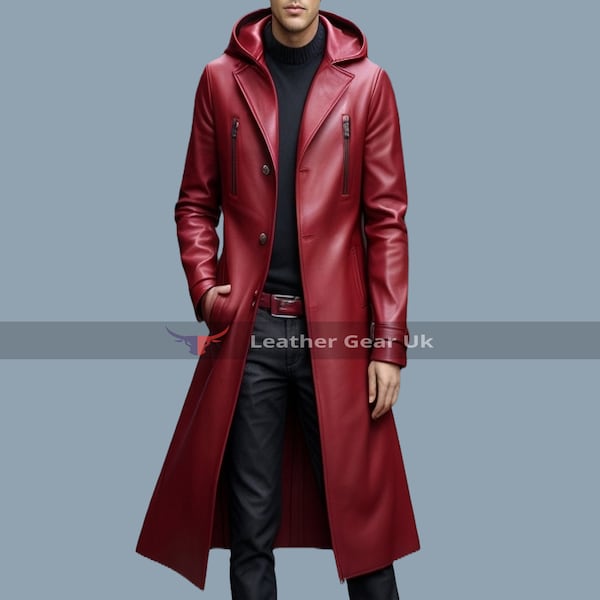 Echtes Leder Herren Trenchcoat-Handmade Leder Rote Kapuze Wintermantel-Leder Trench Long Coat-Geschenk für Ihn