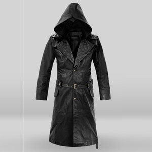Handmade Men&#39;s Leather Duster, Genuine Cow Leather Mens Halloween Coat, Black Leather Steampunk Long Coat, Gothic Trench Coat For Mens