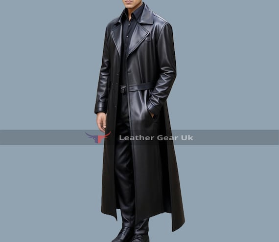 Handmade Men Leather Trench Coat, Genuine Leather Black Long