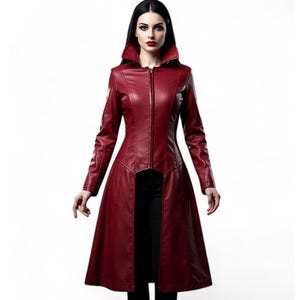 Blutroter Leder Trenchcoat | Gothic Vampir Mantel für Frauen | Lange Cosplay Hexe Jacke, Rot Festival Duster, Mittelalterliche Frauen Langer Mantel