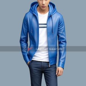 Veste à capuche en cuir pour homme faite main - Sweat à capuche motard en cuir bleu pour homme - Veste bleue en cuir souple - Veste vintage - Cadeau pour lui