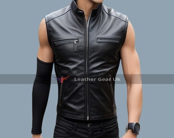 Handmade Sheep Leather Men Vest-Genuine Leather Men Black Vest-Men Bar Vest-Leather Men Waistcoat-Gift For Him