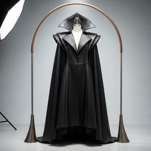 Gothic Black Leather Vampire Cloak with Wide Hood – Handmade Floor-Length Sorcerer Cape for Cosplay, Witchcraft, Ren Faire & Halloween Cloak