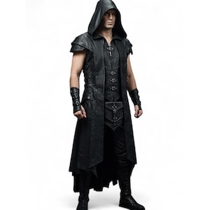 Assassin Leather Cloak – Hooded Medieval Rogue Coat, Sleeveless Warrior Vest with Lacing, LARP & Cosplay Fantasy Outfit, Renaissance Cloak