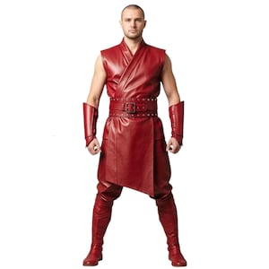 Red Viking Warrior Leather Costume Set – Samurai Style Vest, Drop-Crotch Pants & Arm Bracers | Cosplay, Fantasy LARP, Handmade Men’s Outfit