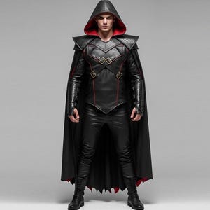Black Leather Vampire Assassin Cloak with Hood – Gothic Cosplay Long Cape for LARP, Wizard Cloak, Halloween, Ren Fair, Festival Outfit