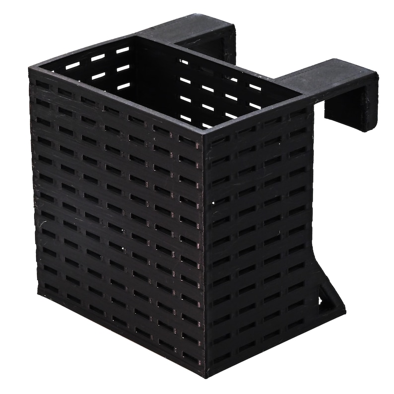Op de afbeelding: Zwarte hangende organizer van plastic met een rasterpatroon. De organizer heeft een haak aan de bovenkant om op te hangen.
