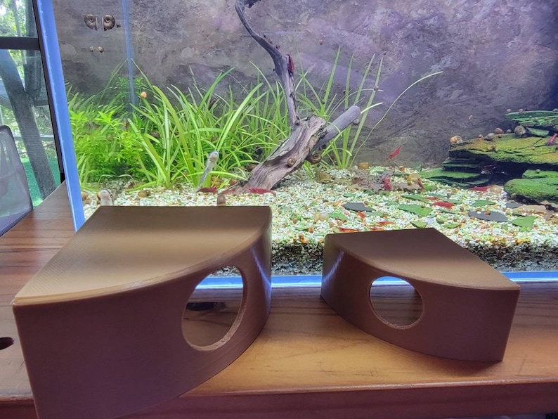 Puede incluir: Dos decoraciones de acuario de madera marr&oacute;n, curvadas, con un agujero en el centro de cada una. Las decoraciones est&aacute;n sobre una superficie de madera.