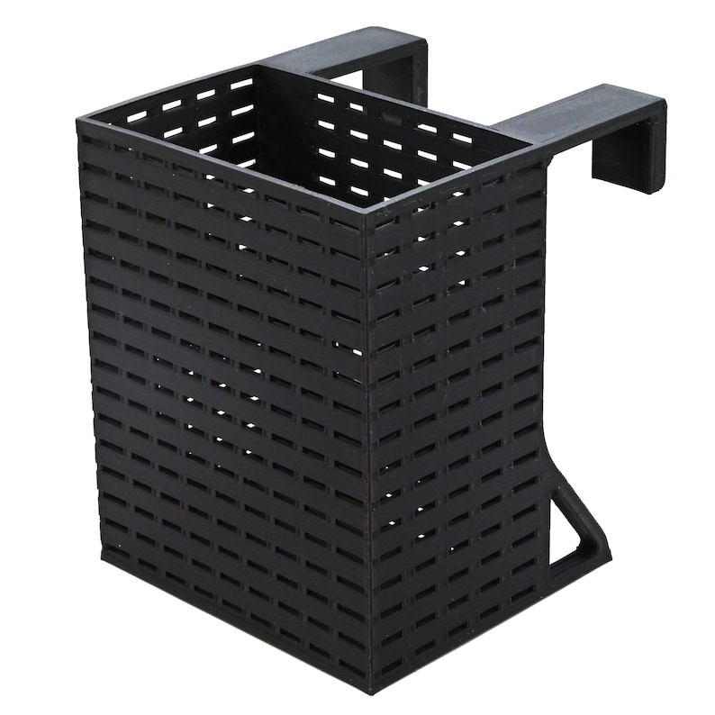 Op de afbeelding: Zwarte hangende organizer van plastic met een rasterpatroon. De organizer heeft een haak aan de bovenkant om op te hangen.