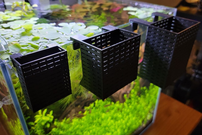 Op de afbeelding: Drie zwarte plastic plantenmanden met een rasterpatroon zijn bevestigd aan de zijkant van een glazen aquarium. De manden zijn leeg en klaar om gevuld te worden met planten.