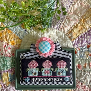 Peut inclure: Une broderie au point de croix représentant trois hortensias roses et bleus sur fond bleu marine, avec le mot "HYDRANGEAS" en dessous. L'ensemble est encadré dans un plateau vert et orné d'une fleur rose et d'un bouton vichy bleu et blanc.