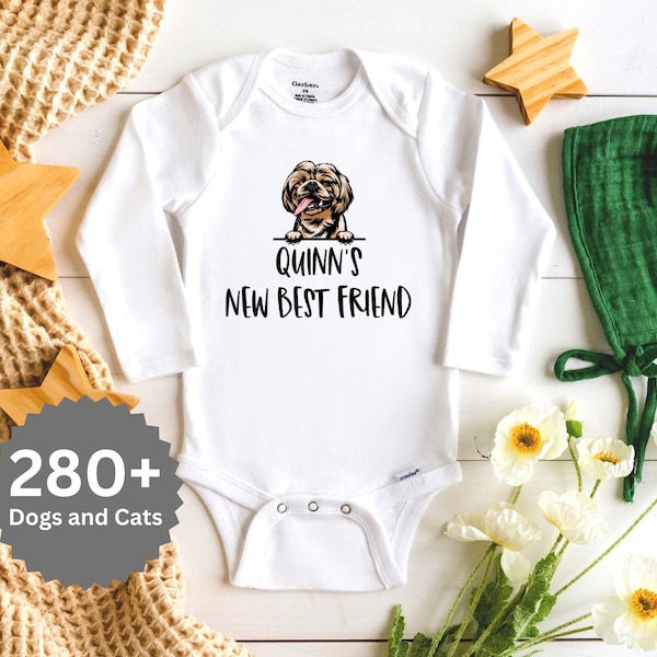 New Best Friend Onesie® Custom Dog and Cat Onesie, Announcement Onesie, Baby Shower Gift, Pet Name Baby Onesie, Personalized Baby Onesie