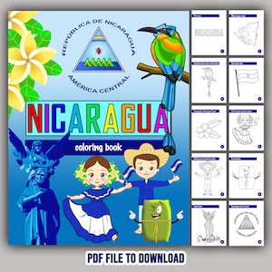 Nicaragua Coloring Book in PDF to download. 10 pages with national symbols and typical elements