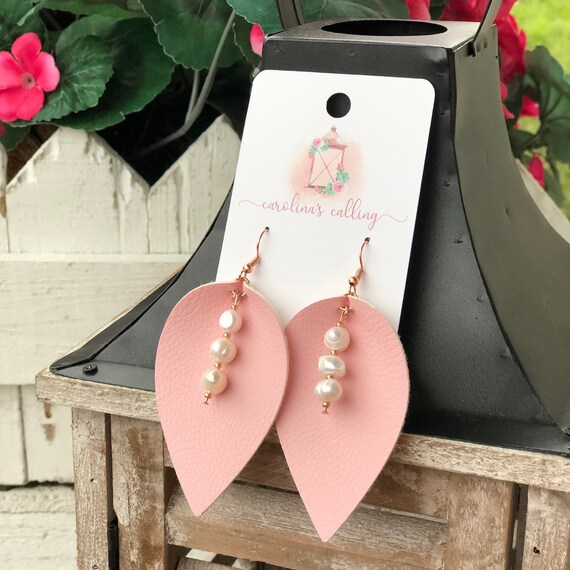 Pink Pearl Faux Leather Earrings Etsy