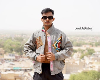 Embroidered Wool Jacket: Unisex Banjara Patchwork Bohemian Coat