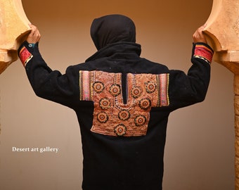 Banjara Wool Jacket | Black Embroidered Patchwork Coat, Unisex Bohemian