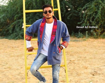 Embroidered Wool Jacket: Unisex Banjara Patchwork Bohemian Coat