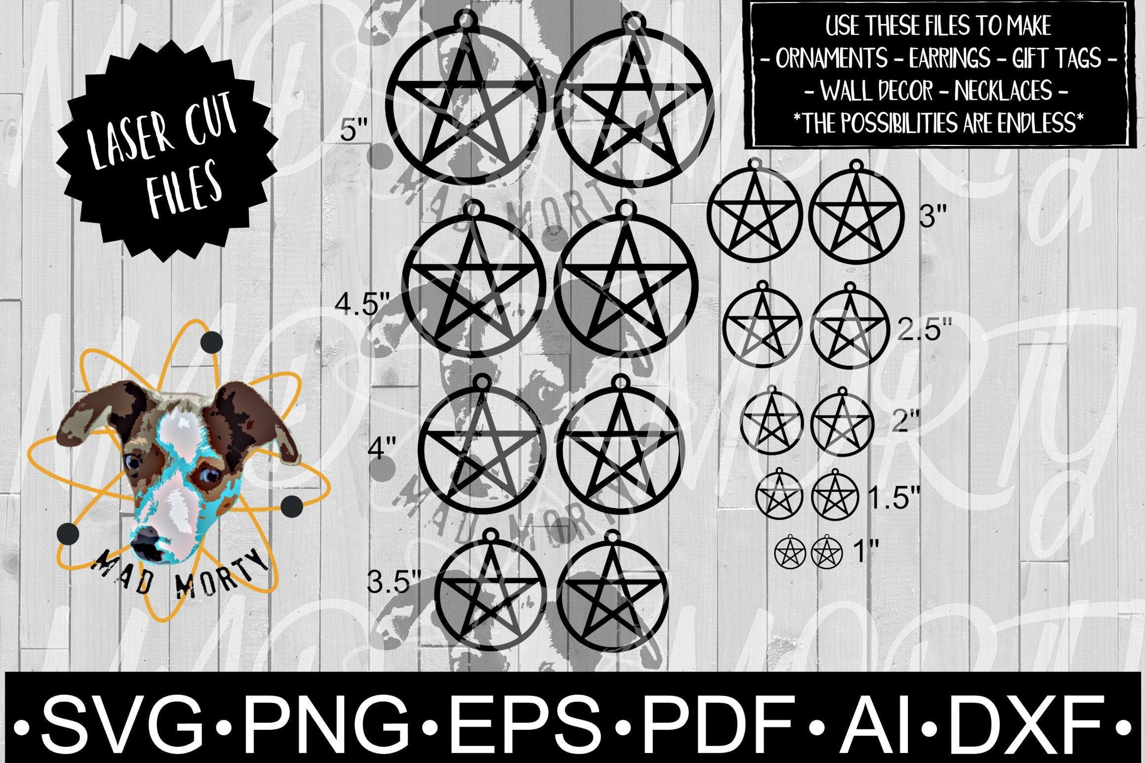 Pentagram with holes Laser Ready Cut DIGITAL FILES ONLY svg Ornaments Giant Earrings  Wall Decor Gift Tags Witch Occult Wood Acrylic